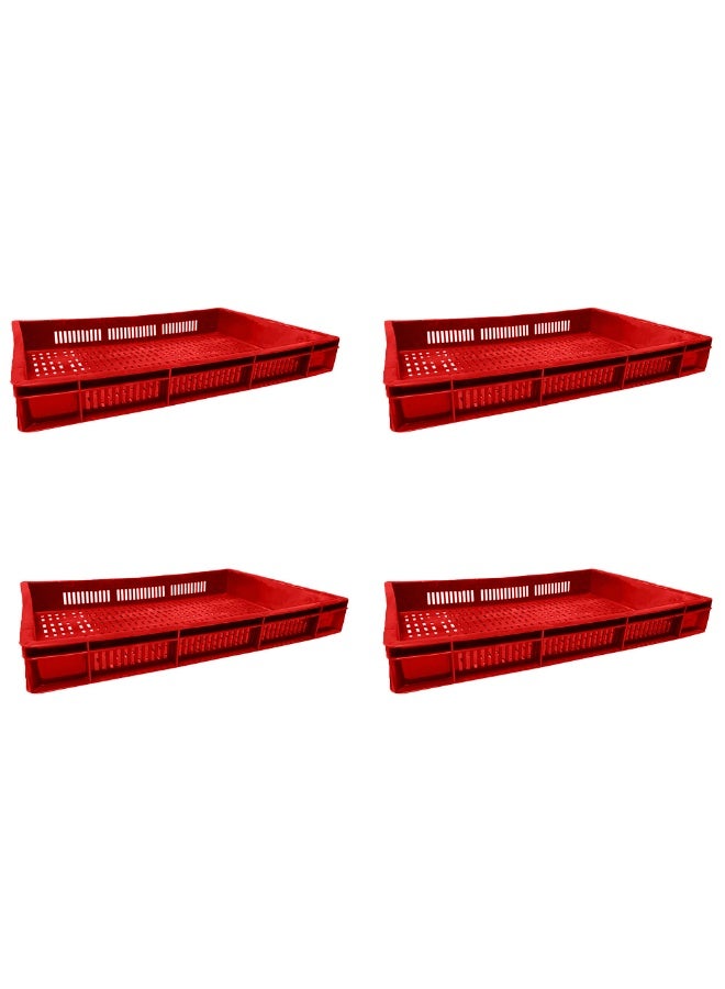 4pcs of Plastic Storage Crate 600x400x80mm Stackable Food Grade Ventilated Catering Crate Heavy Duty - Red
